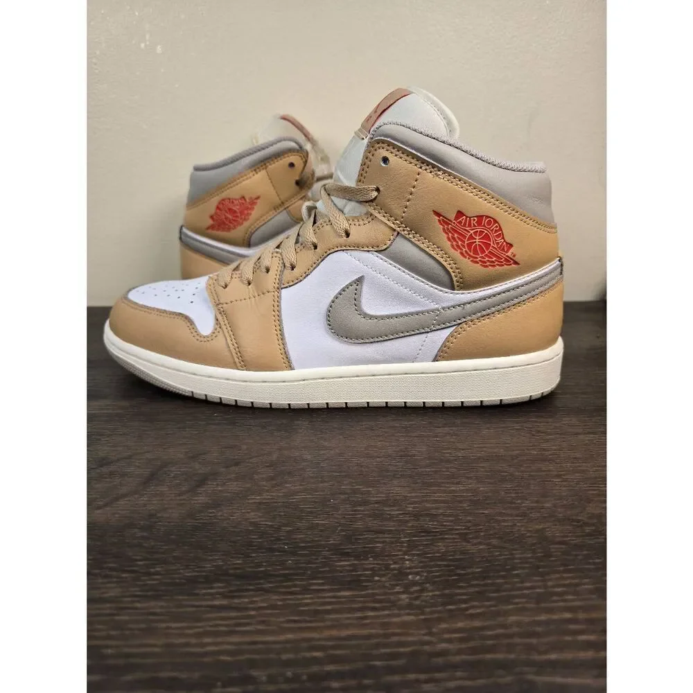 Air Jordan 1 Mid Men's Basketball Shoes Size 10.5 Tan Red